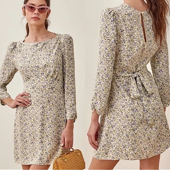 REFORMATION Tamra Dress Pixie Floral Blue White Size 4 Tie Waist Mini Pu… - Picture 2 of 13